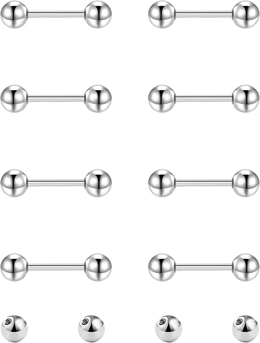 8 stuks tongtepelstangen en 4 stuks vervangende ballen 14G roestvrij staal metalen rechte barbell piercing sieraden zilver zwart 8/10/12/14/16/18/20mm