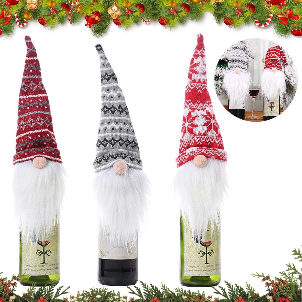 3 stuks kerstwijnflessenafdekking, gezichtloze kerstman, wijnflessenhoed, flessenhoes, flanellen materiaal, flessenhoes, kerstman, afbeelding, flessenafdekking voor Kerstmis, tafeldecoratie