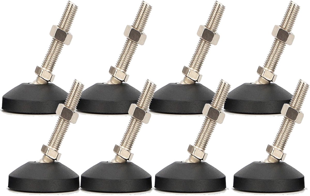8 stuks verstelbare hoek M10 x 30 Meubel leveller Zwaar uitgevoerde meubels Schuifpoten met buitendraad met T-moeren en moeren, antislip rubberen basis