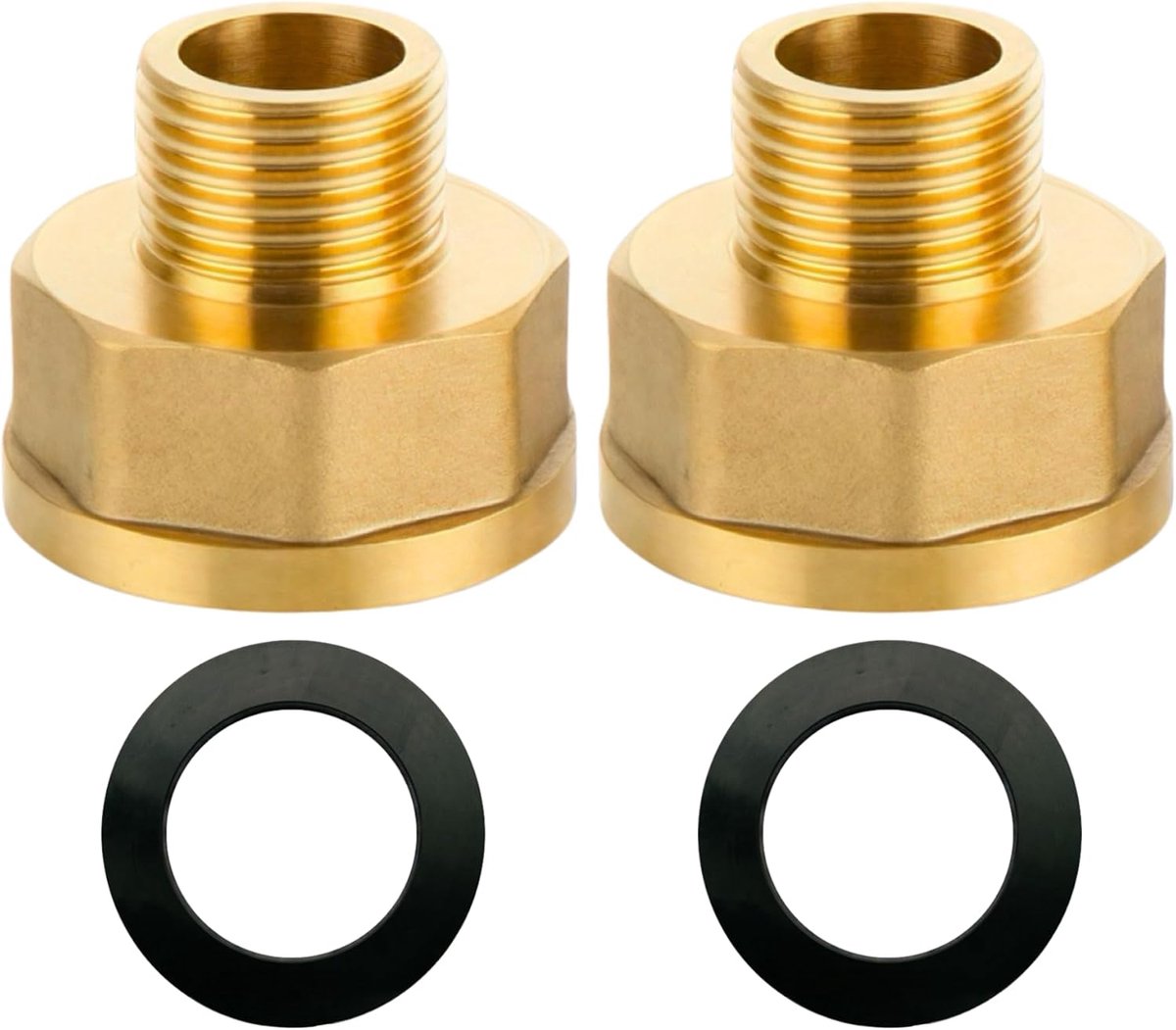 1 binnen x 1/2 buiten van messing, 2 stuks adapter verloopstuk 1 inch binnendraad op 1/2 inch buitendraad, messing mofnippel gereduceerd IG/AG met rubberen afdichting