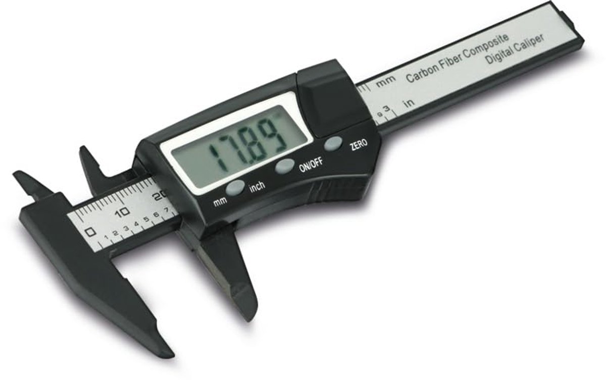 Digitale schuifmaat, schuifmaat, 4-cijferig lcd-display, schakelbaar tussen mm en inch, van koolstofvezelversterkte kunststof, meetbereik tot 75 mm, klein en handig