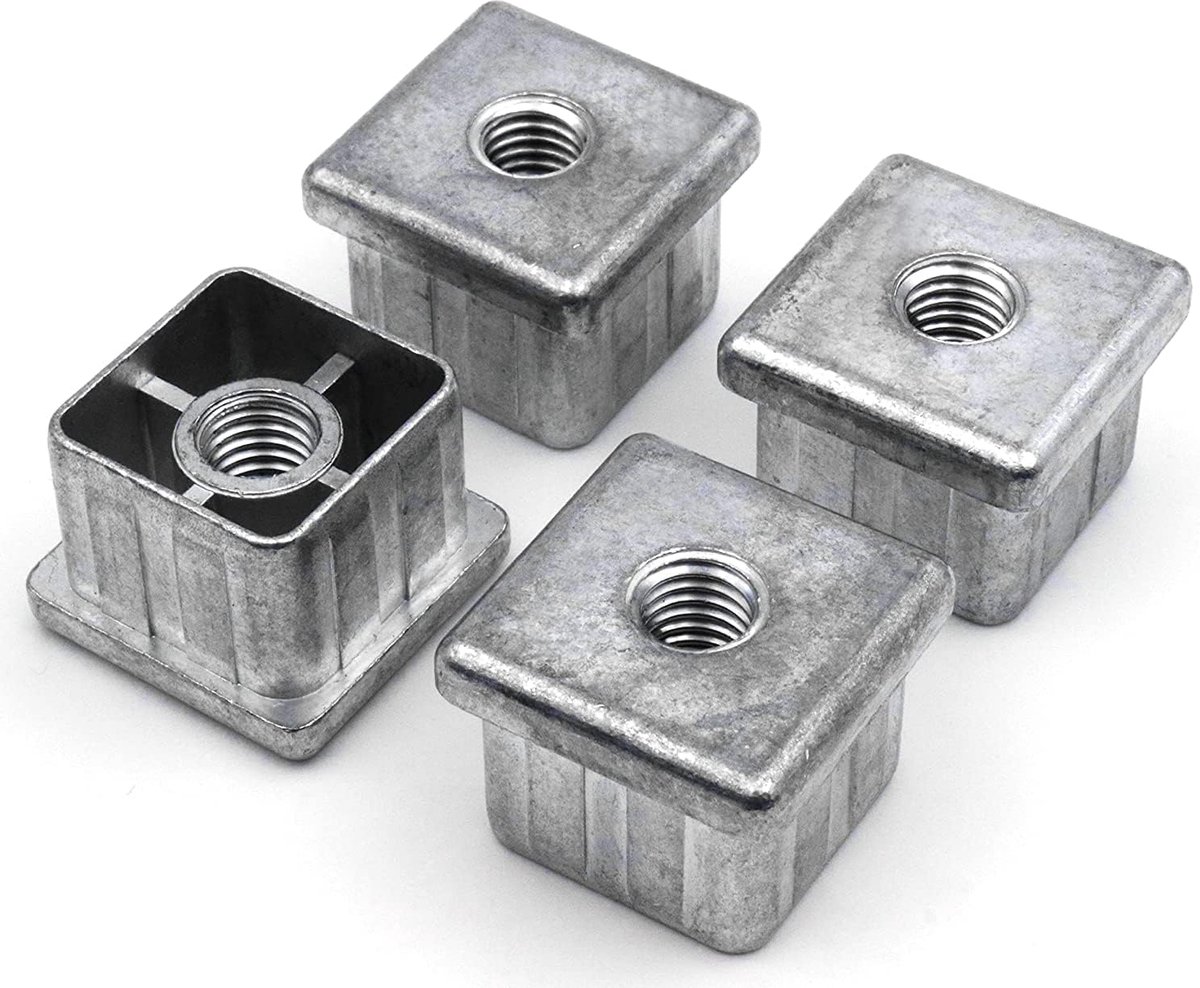 4 x schroefdraadstop, verstelstoppen voor vierkante buizen van zink gegoten 30 x 30 mm x 2,5 mm met M10 binnendraad
