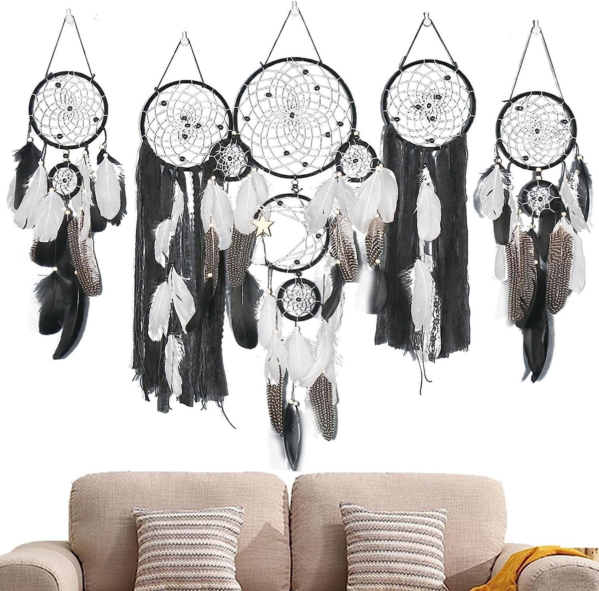 5 stuks dromenvanger opknoping set, slaapkamer dromenvanger wanddecoratie, veren kwastjes muur opknoping dromenvanger ambacht voor kamer decoratie (#3)