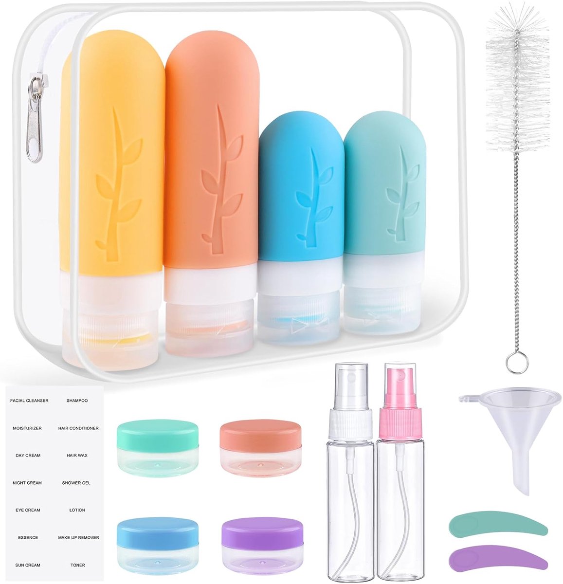 lekvrije Siliconen reisflessen, 16 stuks shampoo-containers, BPA-vrij, praktische reisflessenset