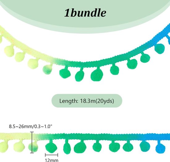 PandaHall 20 Yards Pom Pom Trim Regenboog Fringe Ball Trim 8,5 ~ 26 mm Ball Fringe Lint, Garland Lint Naaien Kwastje Kant voor Thuis Party Decor Kleding Jurk DIY Ambachten Naaien, 12 mm Bal van pandahall — afbeelding 5