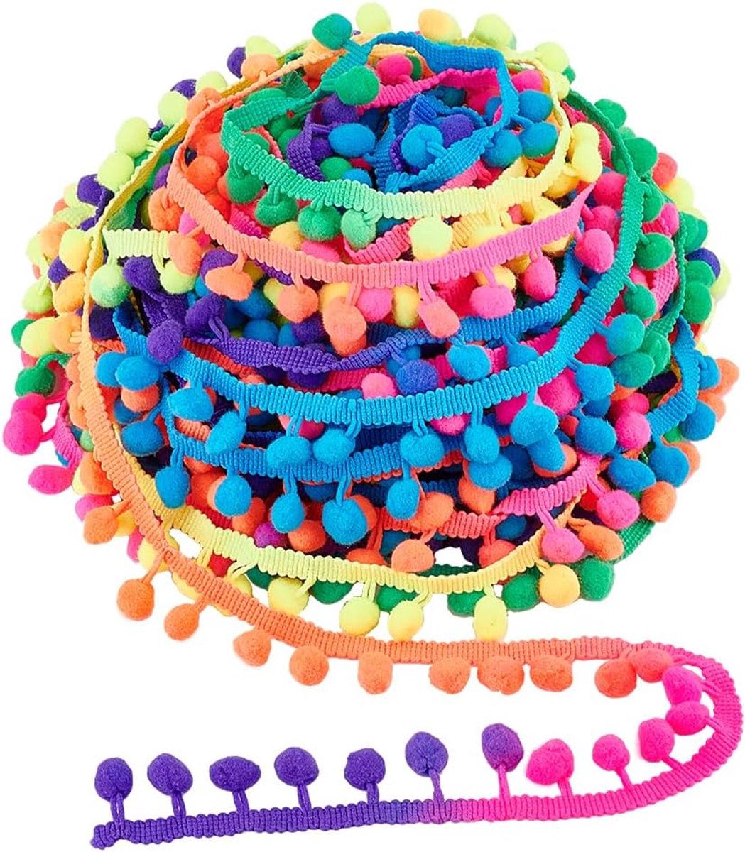 PandaHall 20 Yards Pom Pom Trim Regenboog Fringe Ball Trim 8,5 ~ 26 mm Ball Fringe Lint, Garland Lint Naaien Kwastje Kant voor Thuis Party Decor Kleding Jurk DIY Ambachten Naaien, 12 mm Bal