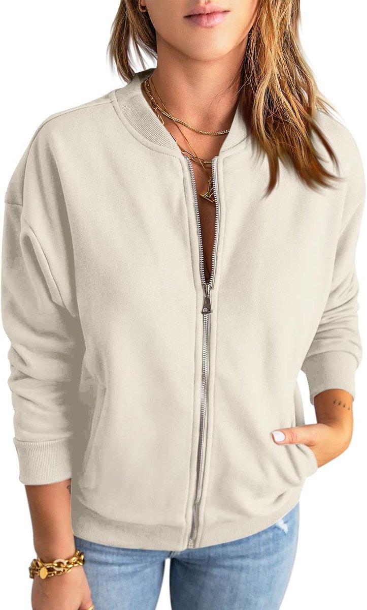 Sweatshirt met rits voor dames, oversized jack, sweatshirt, effen, losse lange mouwen, top, bovenstuk met zak
