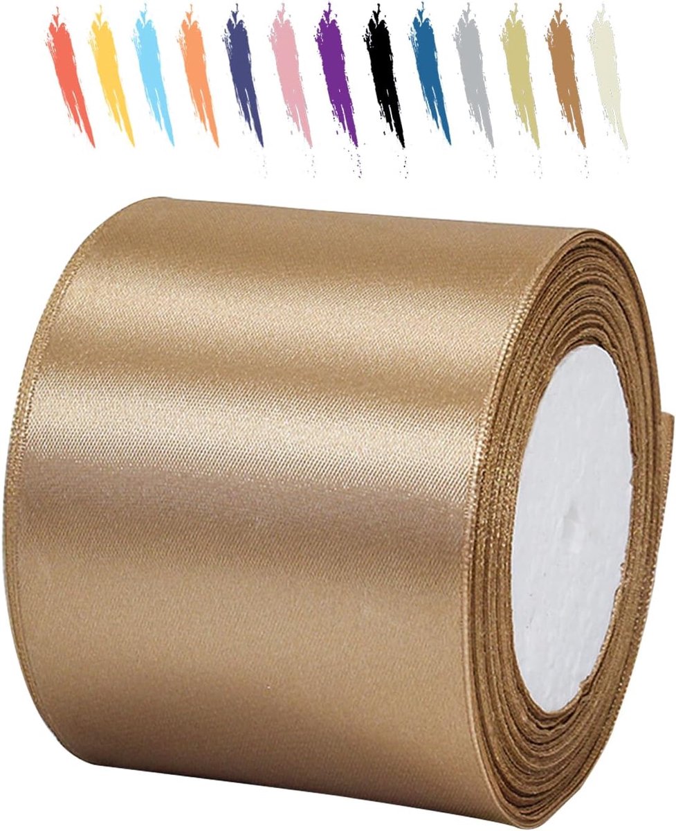 75mm Champagne-Goud Satijnen Lint,25 Meters Decoratie Zijden Linten,Breed Lint,Cadeaulint,Autolint,voor Feest, Bruiloft, Verjaardag,Valentijn Party