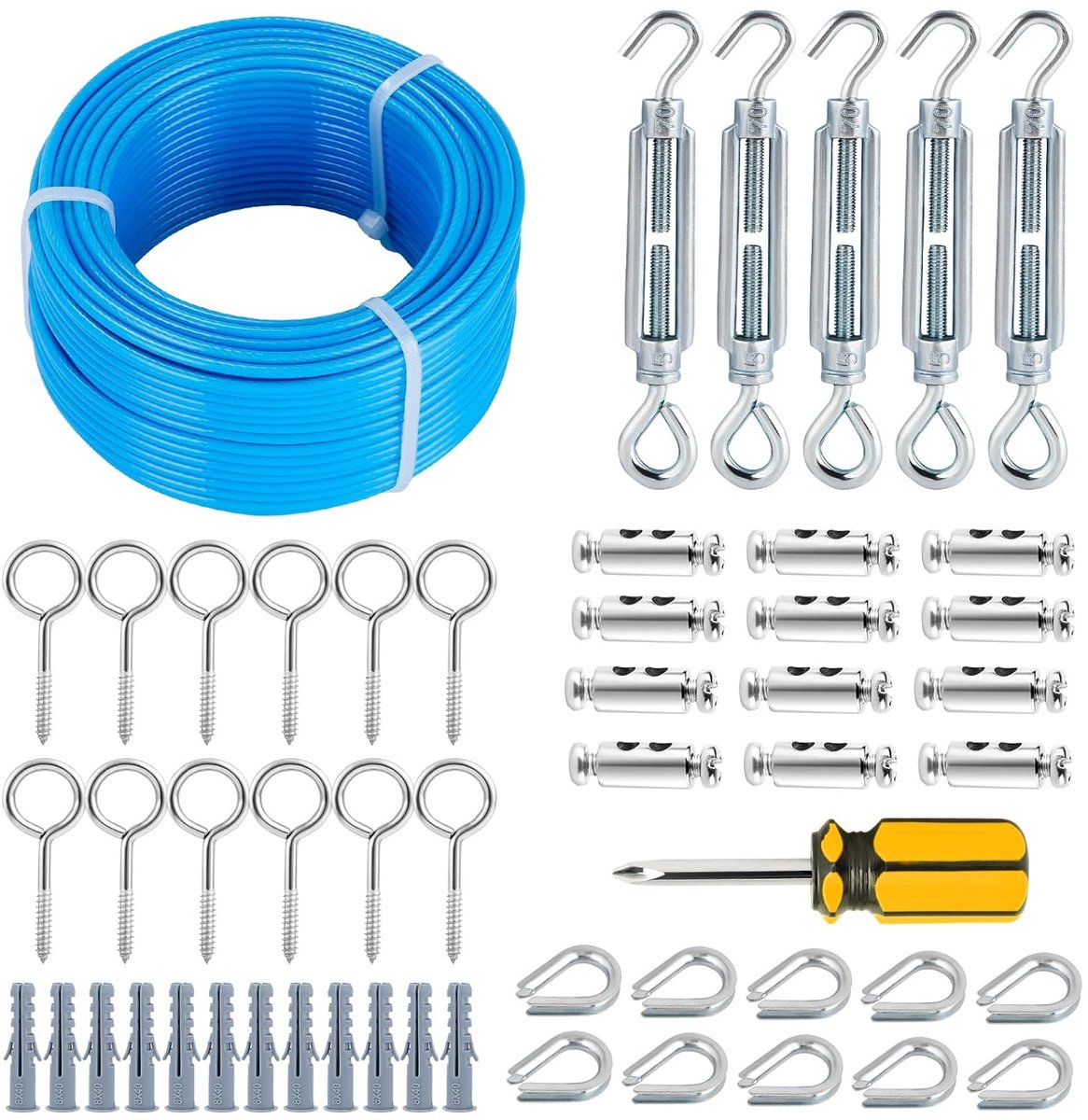 30 m draadseil, 3 mm blauw PVC-ommanteld staalkabel met ogen en multifunctionele spanschroeven voor waslijn, waslijnspanner voor T-paal, ophangen van lichtslinger, tuindraad
