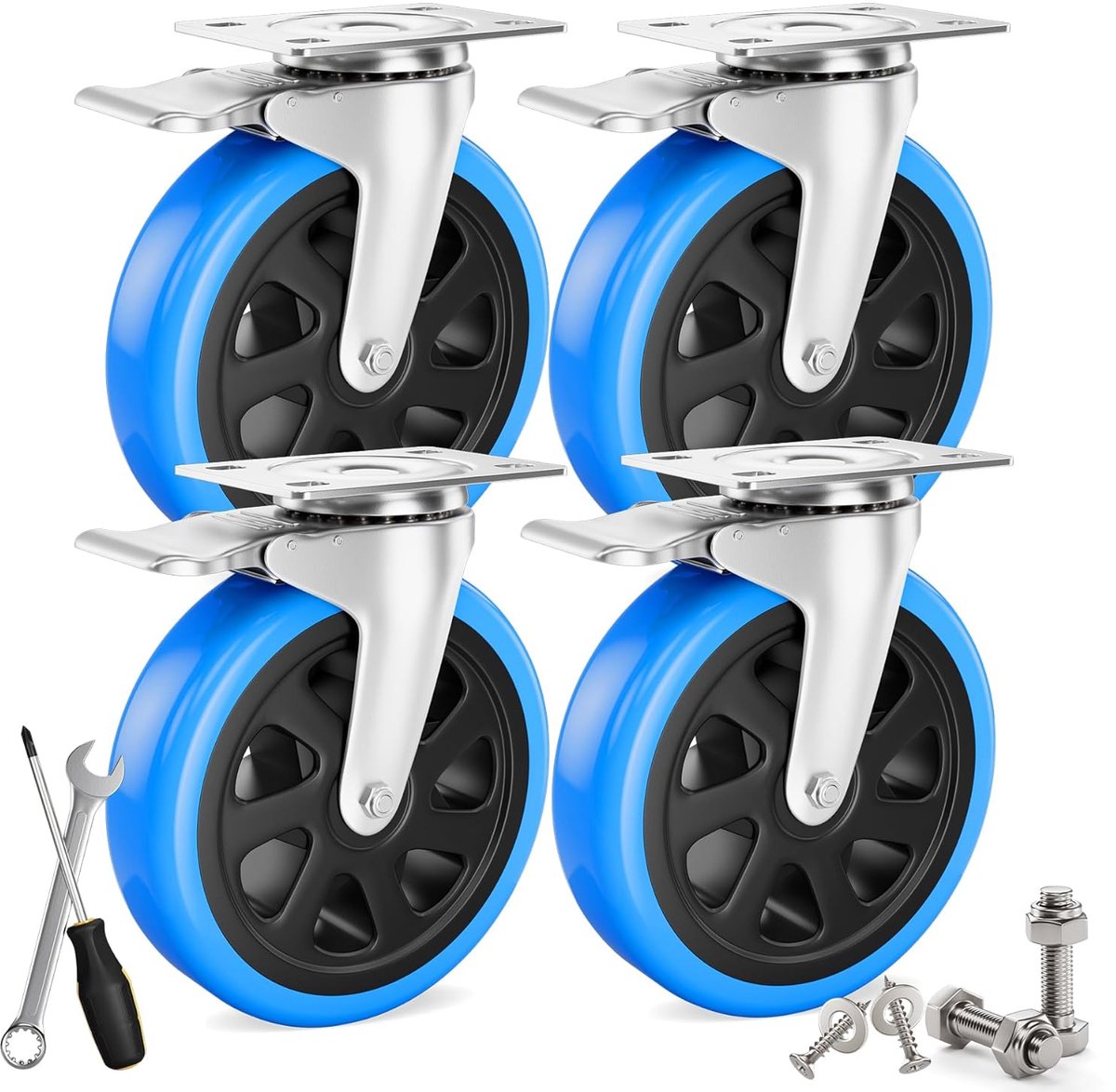 4 stuks zware wielen 125 mm incl. montagetoebehoren, transportwielen, zwenkwielen met rem, 360° rotatie, tot 720 kg, draagbaarheid voor meubeltransport en industrieel transport