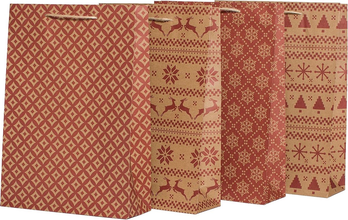 Cadeautasjes Kerst, naturel/rood, 12 stuks (25 x 34 x 8 cm) | Kersttasjes van kraftpapier, cadeauverpakking in Scandi look