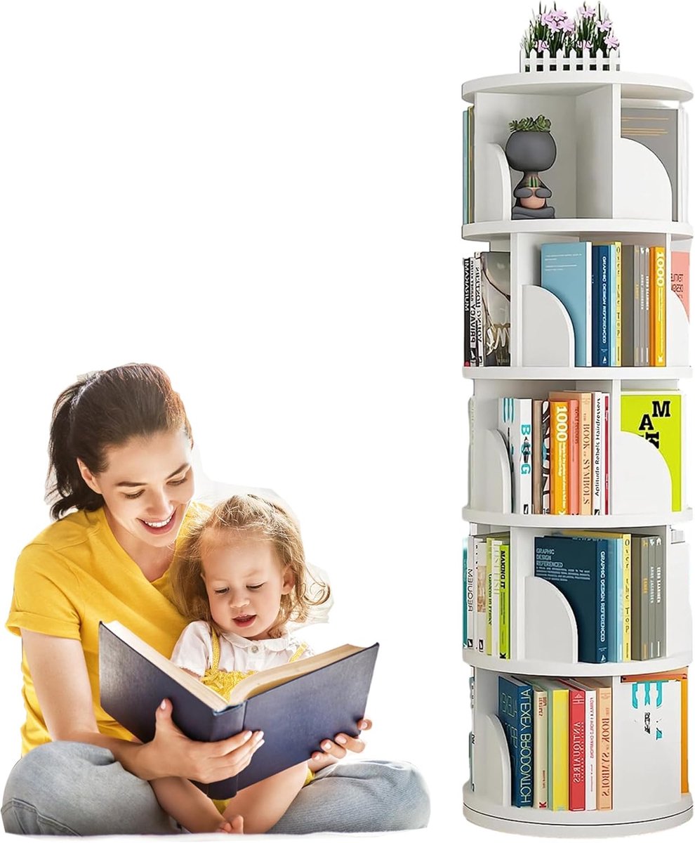 uyoyous 5-traps draaibaar boekenrek staand rek draairek wit | Boekenkast, 360 graden draaibaar, hoge boekenkast, staande planken voor thuis, woonkamer, studeerkamer, kantoor