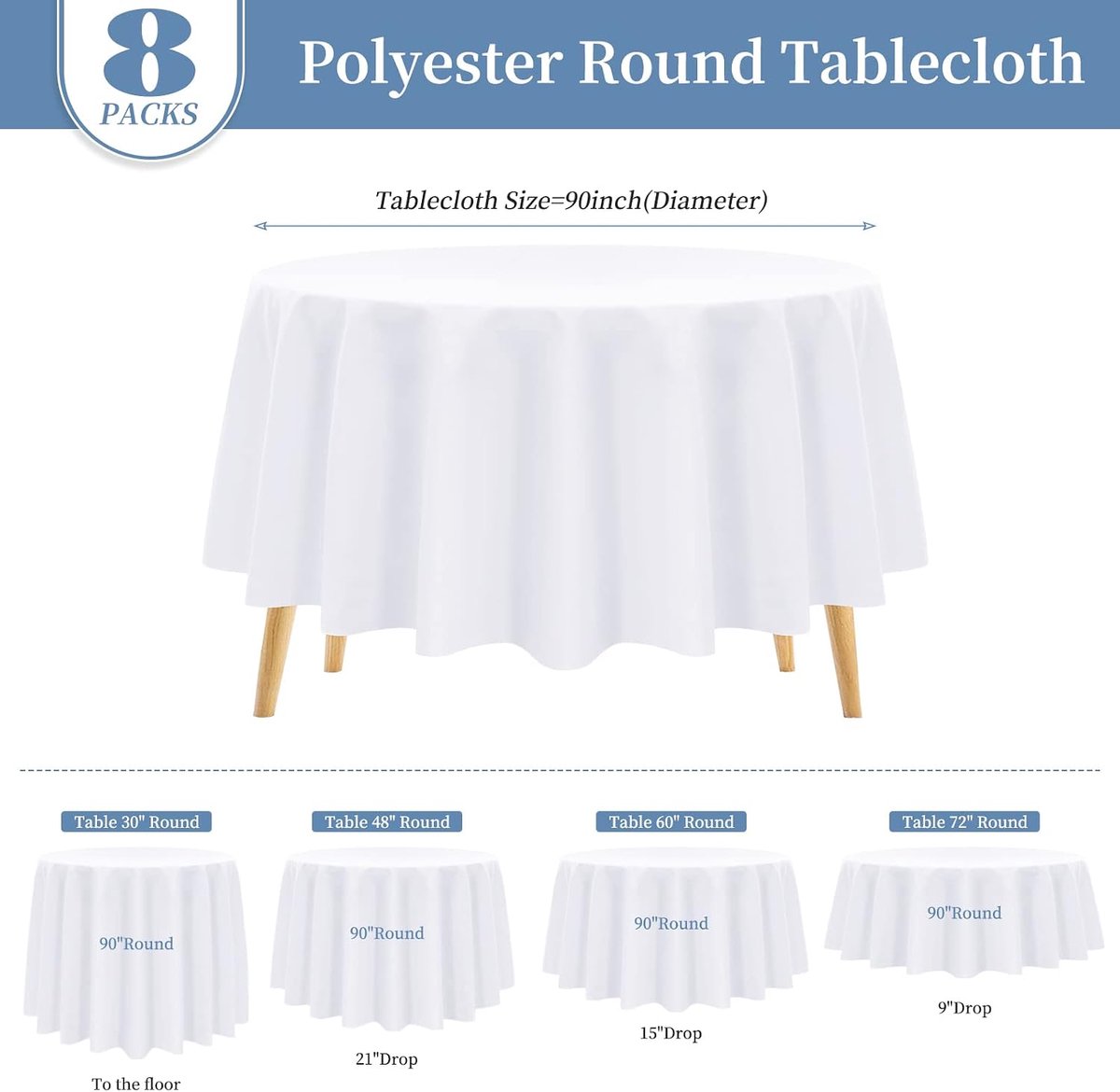Set van 8 ronde witte polyester tafelkleden 228 cm, wasbaar, rond tafelkleed wit voor bruiloft/feest/banket/eetkamer/buffettafel (wit/228 cm) | Wasbaar herbruikbaar tafelkleed van polyesterstof rond tafelkleed voor bruiloft, feest, verjaardag, banket