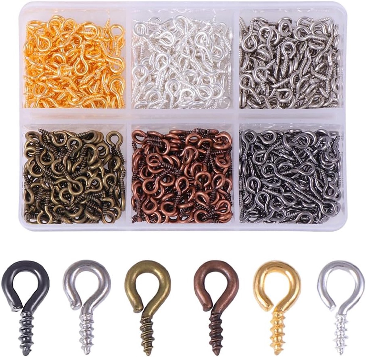 schroefoogspelden, 600 stuks, mini-oogschroeven, oogspeld, 8 x 4 mm, metalen schroefhaken, schroefhaken, mini-oogspelden voor het maken van sieraden, doe-het-zelf handwerk, zes kleuren