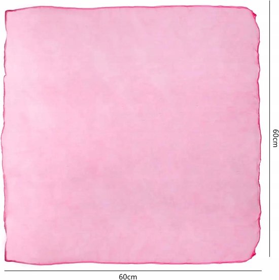 Een effen roze, vierkante chiffon sjaal van 60x60 cm met afmetingen aangegeven.