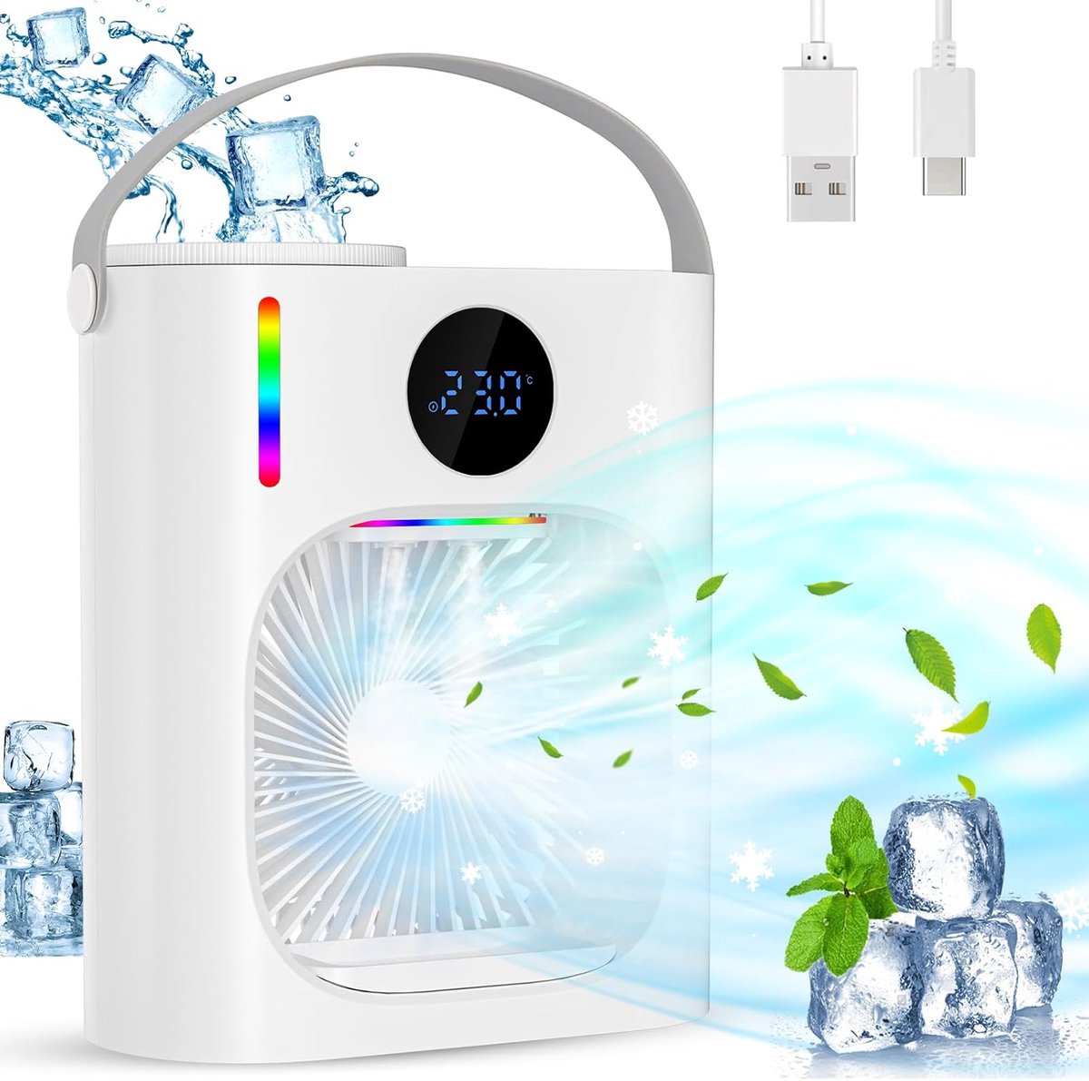 SnelShoppen - Draagbare Airconditioner Stil, Mobiele Luchtkoeler 900 ml, 3 Snelheden, 7 LED-kleuren, USB Mini Vernevelventilator voor Kantoor en Slaap