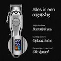 Zilverkleurige Royce tondeuse, focus op het digitale display met batterij-indicator.