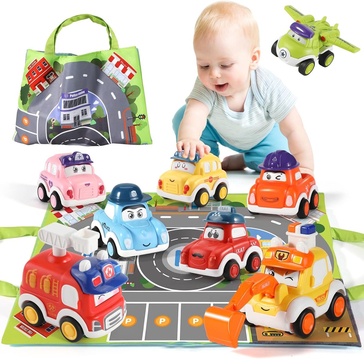 Speelgoed voor 3 jaar oude jongens meisjes, 8 stuks Push and Go Cars speelgoed wrijving aangedreven voertuigen met opbergtas, educatief speelgoed geschenken voor peuters leeftijd 3 jaar