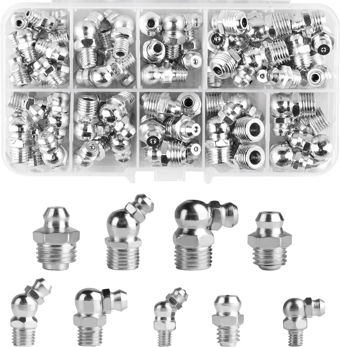 70 stuks smeernippelassortiment, smeernippelset M6 M8 M10 voor vetpistolen, recht en haaks 45° 90° 180° rechte hydraulische smeernippels, conische nippels, conische smeernippels voor vetpistolen