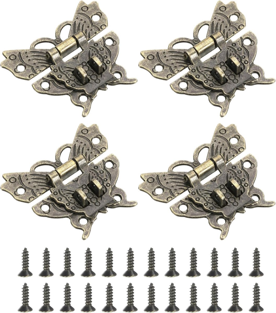 4 stuks vlindersluitingen, 51 x 60 mm decoratieve vlinderdoosjes, retro hendelsluiting, dubbel gat voor hangslot, gespsluiting, schroeven voor sieradenkistje, koffer, cassette brons