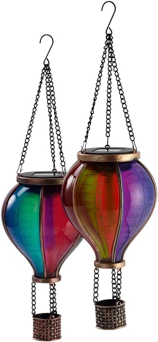 Heteluchtballon op zonne-energie, set van 2, flikkerende leds, weerbestendig, tuin | Outdoor decoratie om op te hangen, tuinlamp op zonne-energie, hanglamp, 6 kleuren, voor balkon, terras