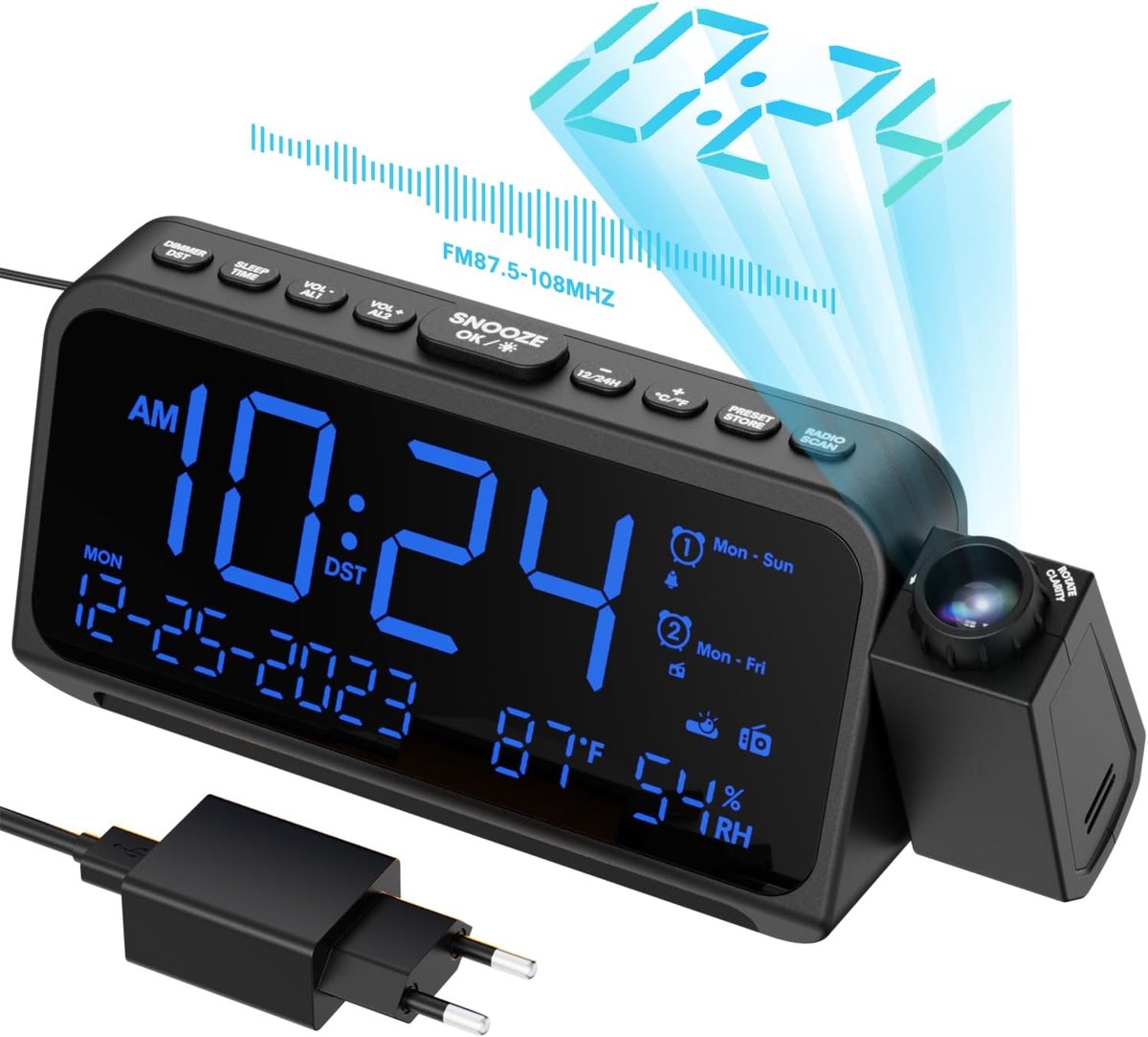 Digitale wekker met projectie voor slaapkamer, wekker met 5 dimmers, 270° projector, type C, USB-oplader, 12/24 uur, snooze, batterijback-up, projectieklok voor oudere kinderen