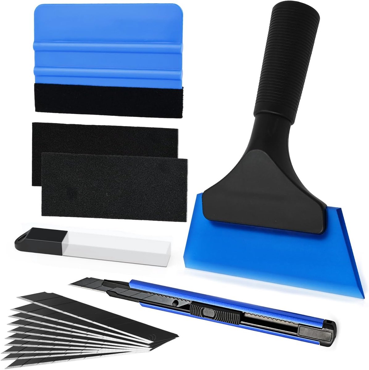 Gekleurde folie voor autoruiten gereedschapsset, verpakking voor het installeren van het raamgereedschap, inclusief vilttrekker, snijder en reinigingsrakels, blauw