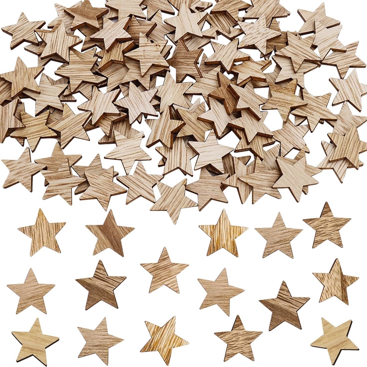 100 stuks strooidecoratie, houten sterren, decoratie (houtkleur, 20 mm)