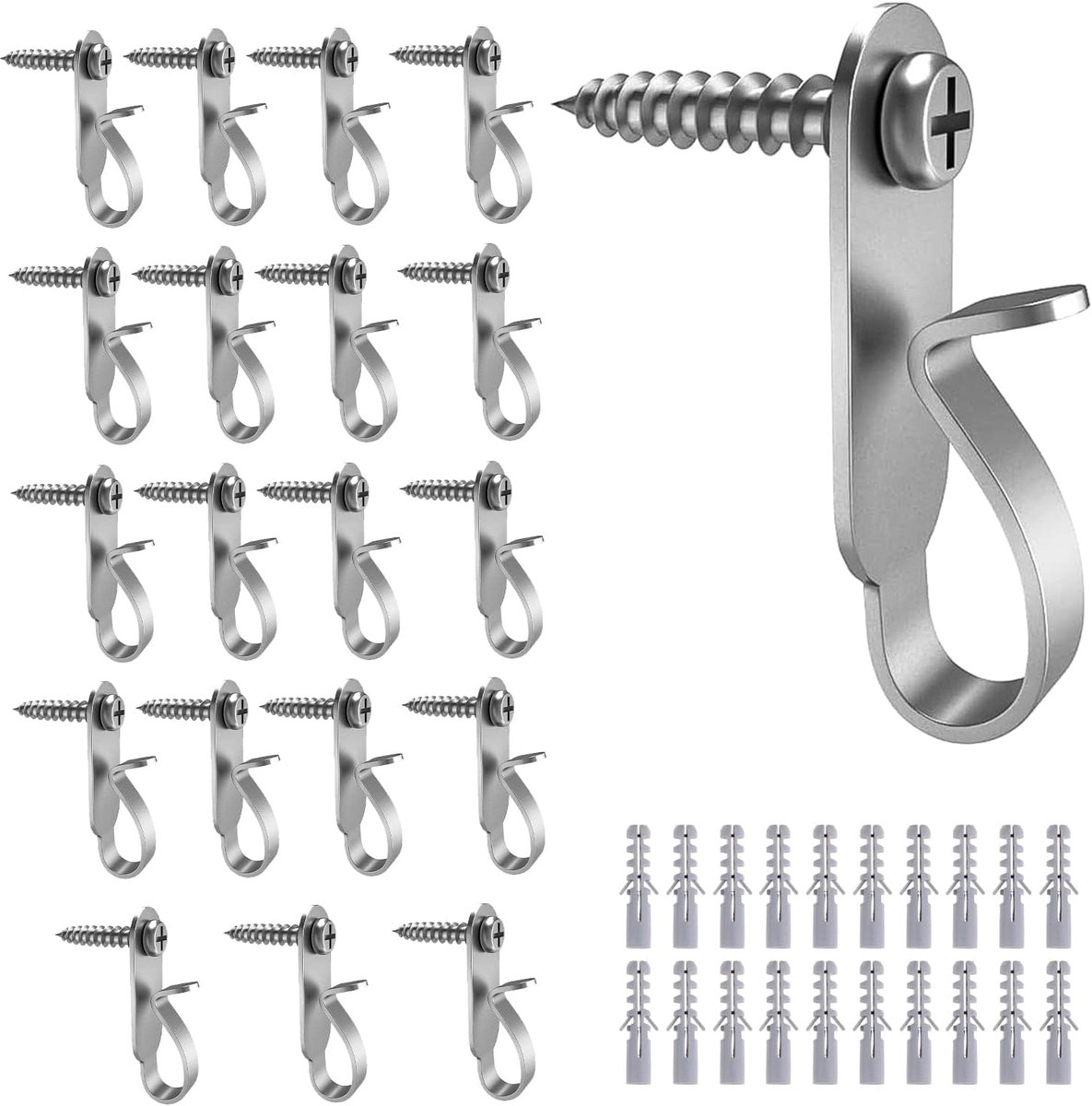 Haken voor lichtslingers, krasbestendige, verdikte roestvrijstalen haken, haken om te schroeven, gebruikt voor bloemenmanden, lantaarns, lichtslingers, belastbaar 2 kg (zilver