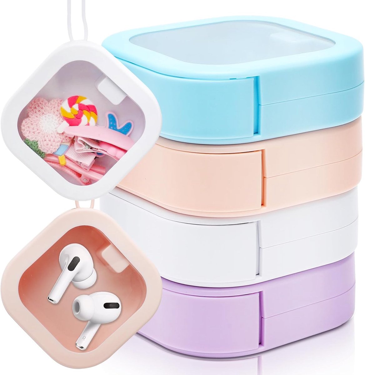 Haarelastiekorganizer, 4 stuks, draagbare haar-stropdas-organizer, mini-opbergdoos, doorzichtige kleine containers voor haarspelden, reissieradenbox voor haartouwen