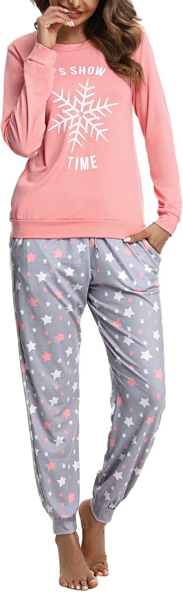 Pyjama voor dames, lang, geruit, pyjamaset met korte mouwen, katoen, winter, nachtkleding, vrouwen, geruite pyjamabroek, roze, L