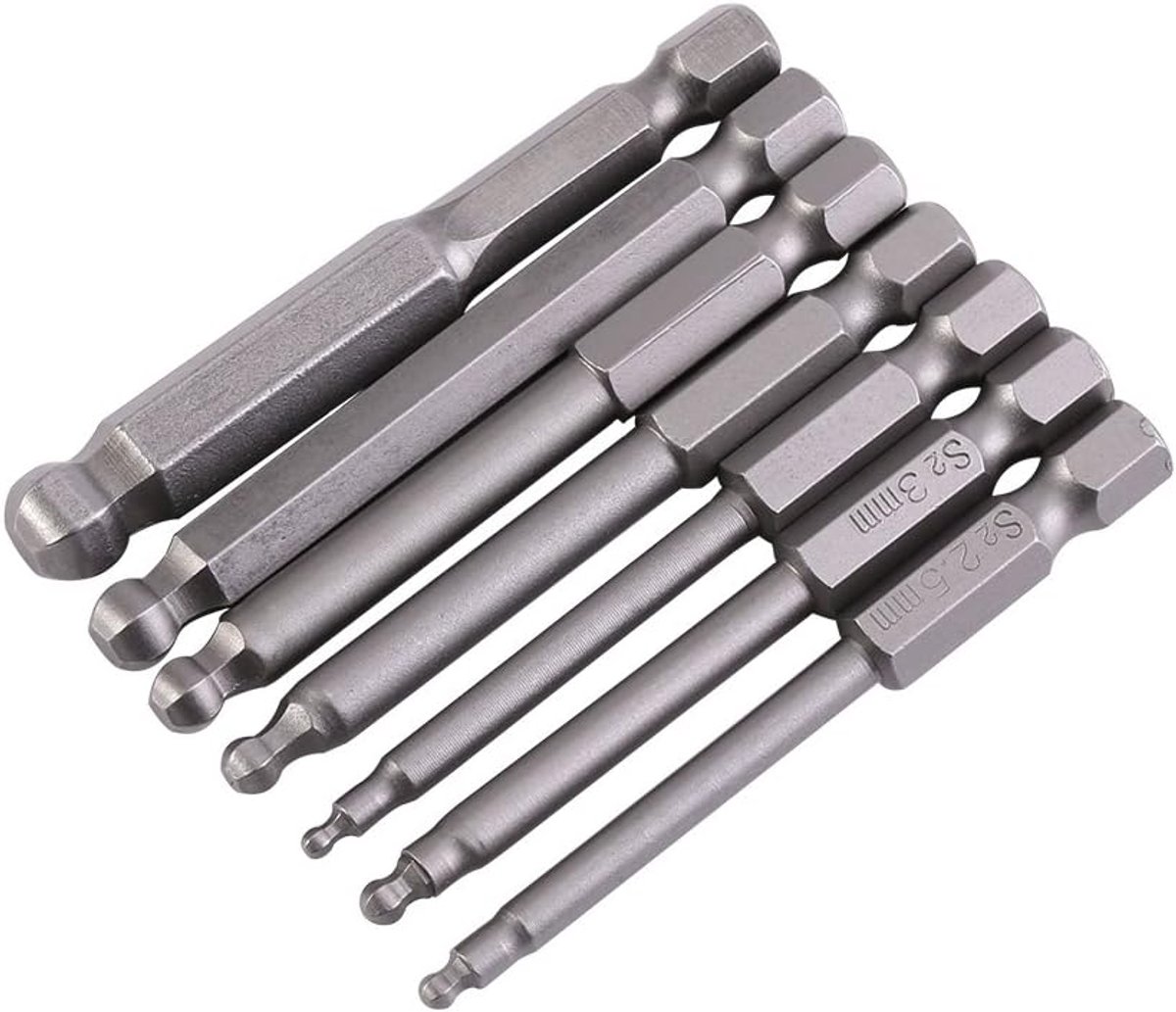 7 Stuks Ball End Hex Schroevendraaier Bits Set, Magnetische Ball Head Allen Bits 2MM 2.5MM 3MM 4MM 5MM 6MM 8MM 1/4 Inch Hex Shank 65MM Lengte