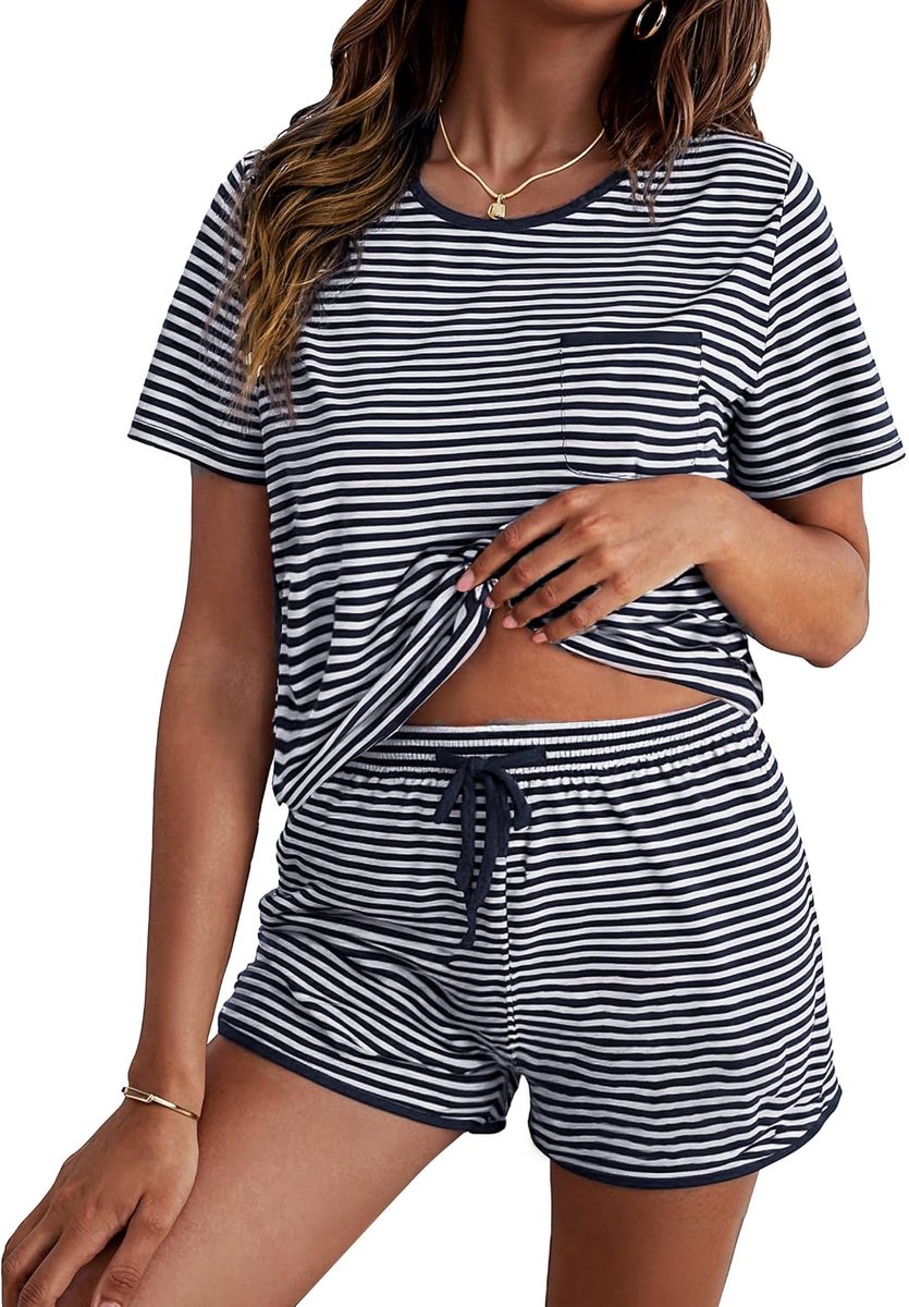 Pyjama voor dames, zomer, 2-delige set, shorts en top, korte mouwen, V-hals, nachtkleding, casual pasvorm, ontspanning, pyjamashort, ademend, voor thuis, zomer