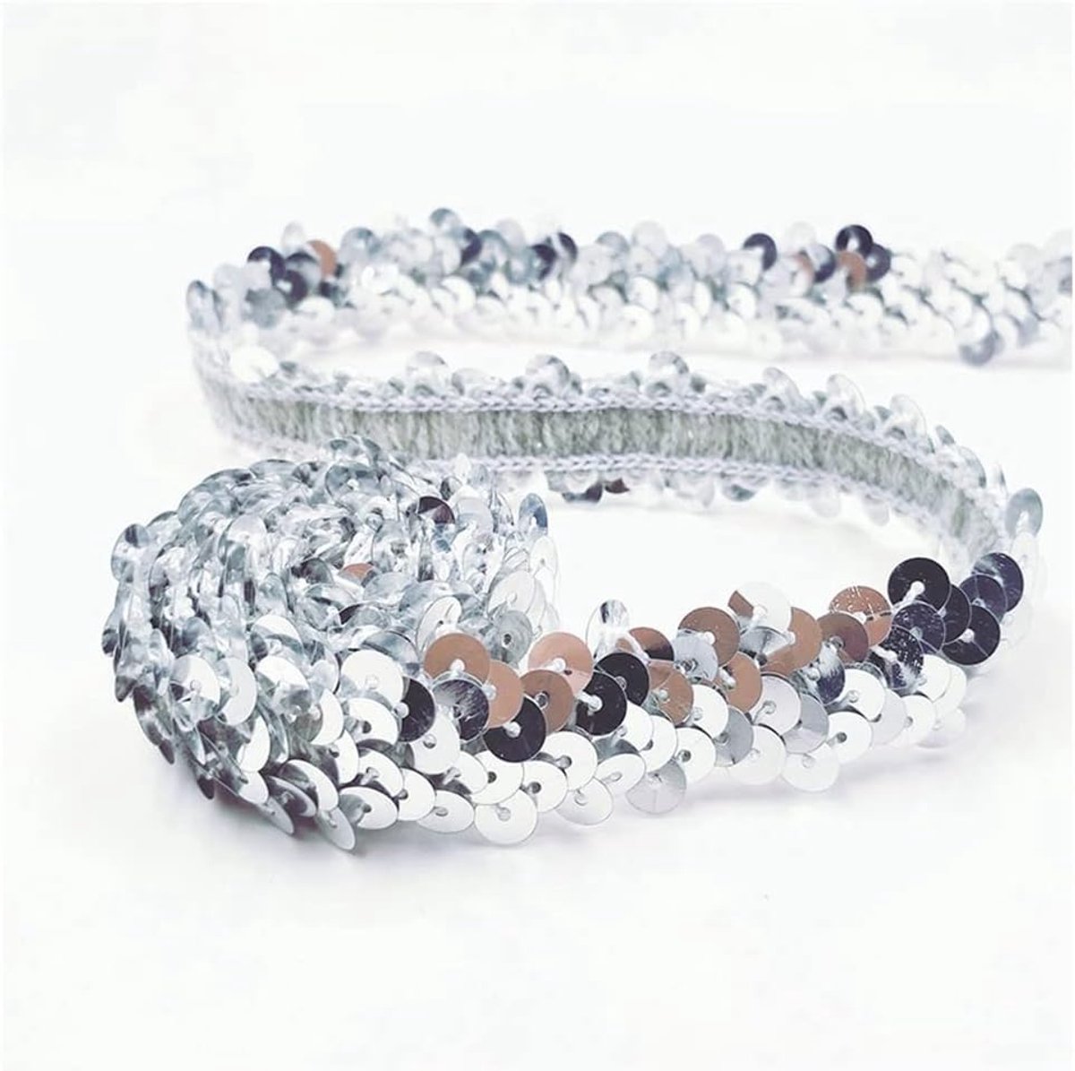 Paillettenband, elastisch, 2 cm breed, paillettenband, 2 rijen, paillettenboord, stoffen band voor doe-het-zelf naaien, kleding, handwerk, decoratie, zilver