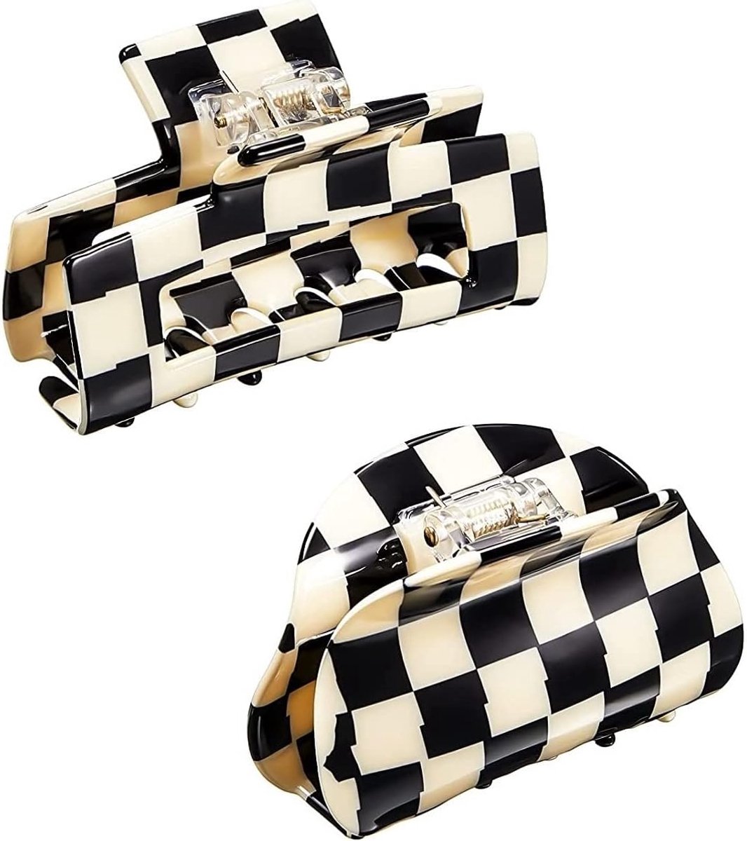 2 stuks haarklauwen clips checker haarspelden banaan haarspelden acryl zwart wit vintage grenen clips Franse schildpad grip pin tanden klem sterke grip haaraccessoires voor vrouwen meisjes
