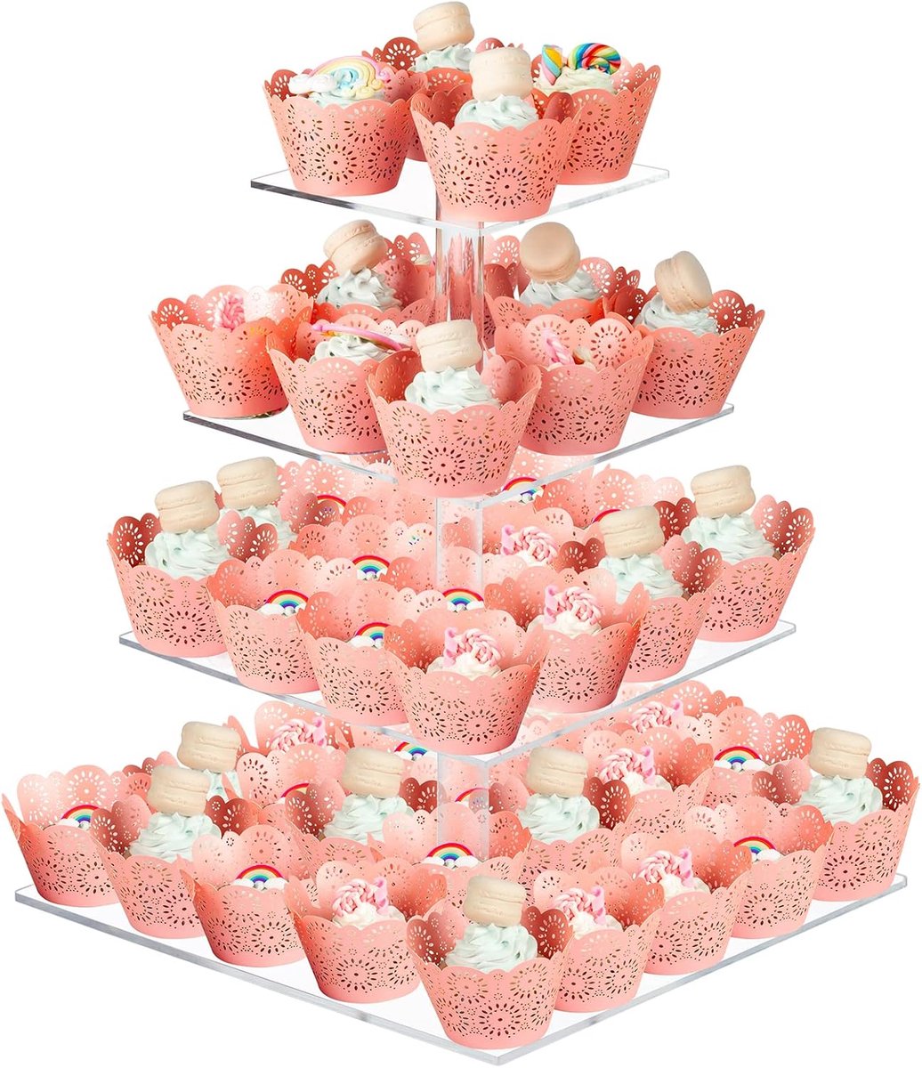 Cupcake Stand, 4-laags vierkante acryl cupcake display standaard, heldere dessert gebak toren voor bruiloft, verjaardag, thema feest, baby douche