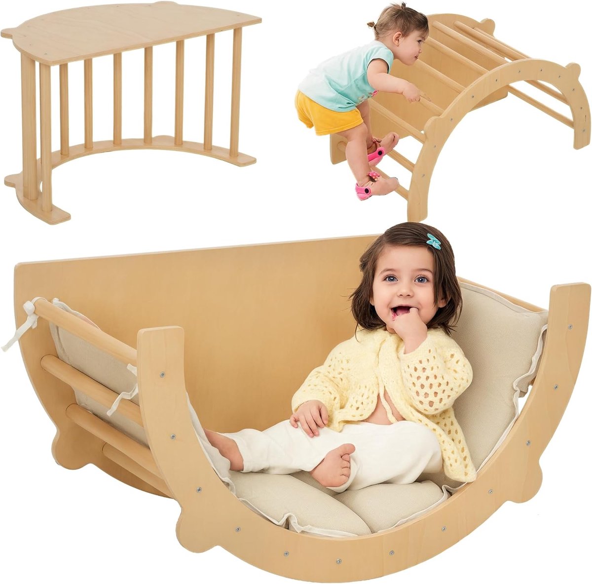 Montessori 3-in-1 klimrek voor binnen, houten klimboog met tafelblad, mat, indoor speelplaats voor peuters en kinderen van 1,5-4 jaar, natuurlijk hout
