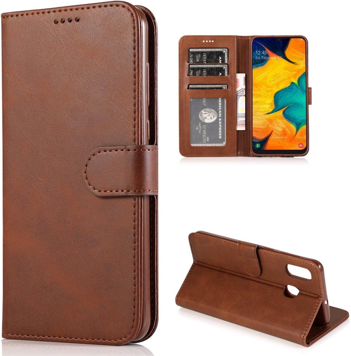 Beschermhoes voor Samsung Galaxy A20E, lederen portefeuille flip case met magneetsluiting, kaarthouder, volledige bescherming, schokbestendige hoes voor Samsung Galaxy A20E, Bruin