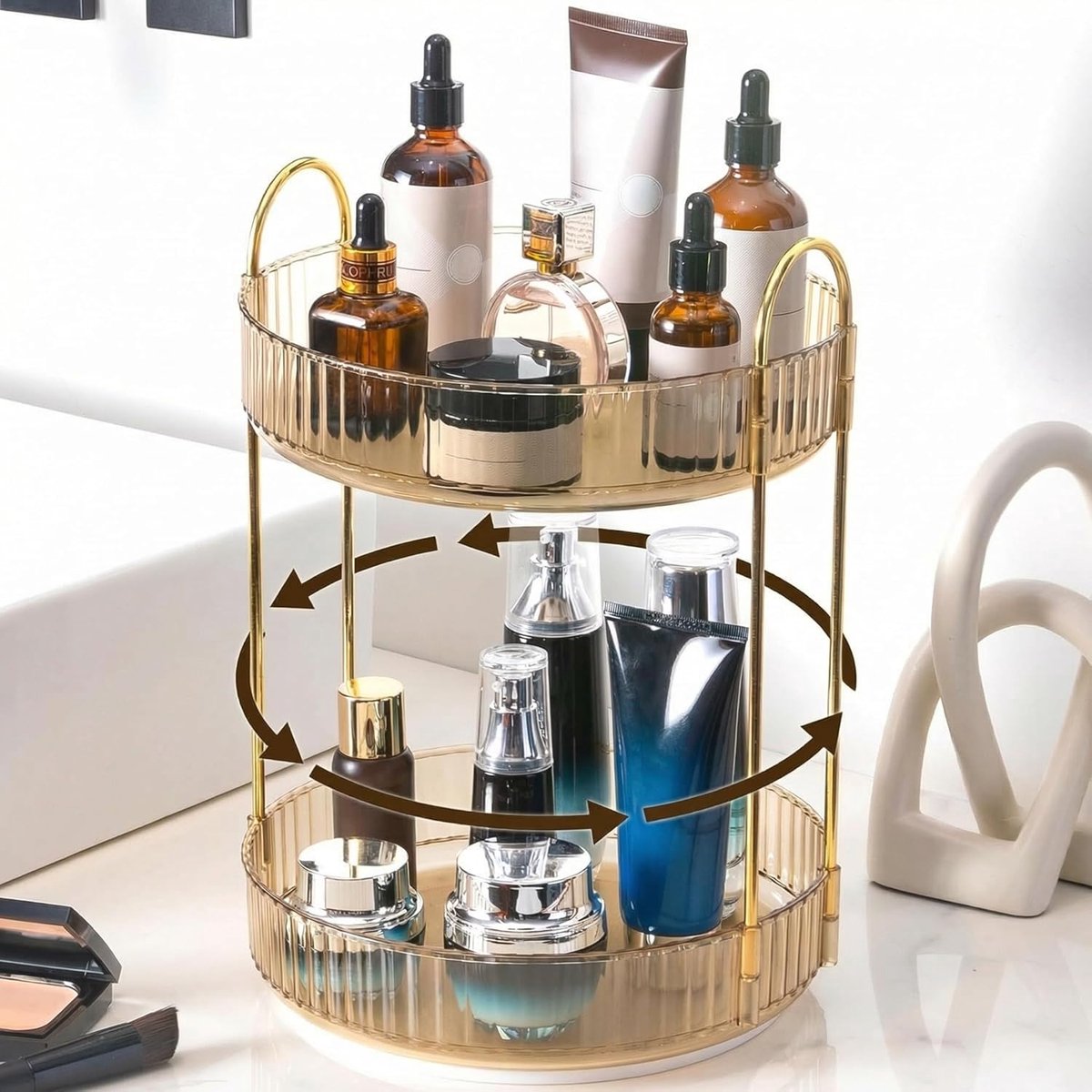 360° roterend, draaiende organizer voor cosmetica, huidverzorgingsproducten, parfum, kruiden, make-up, voor dressoir, slaapkamer, badkamer (2 lagen goud)