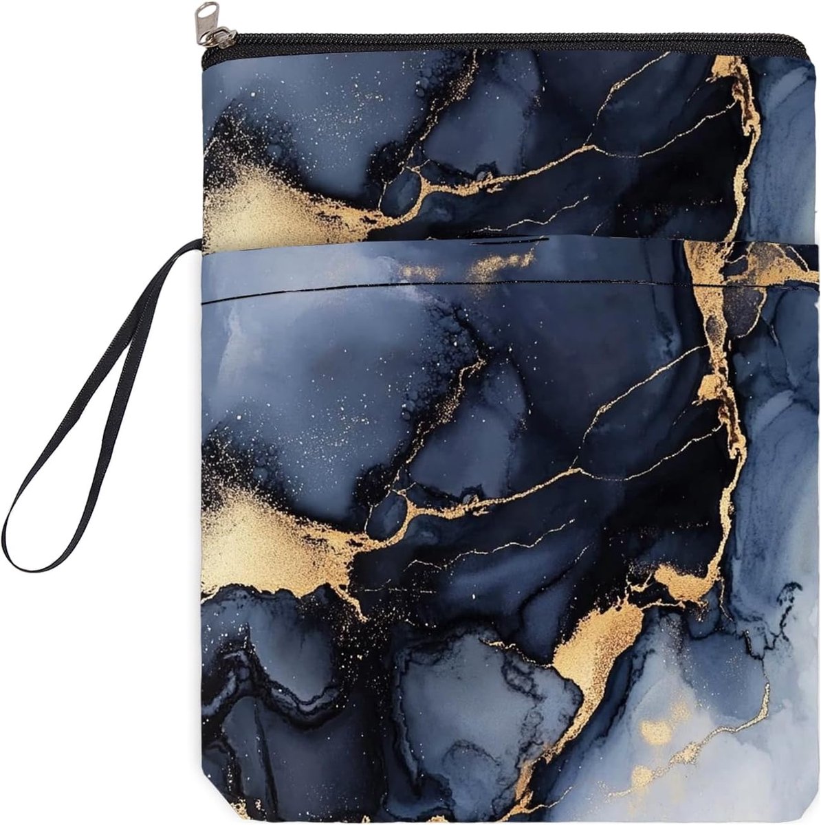 Boekomslag met ritssluiting, boekomslag voor boeken, tas, boekentas van blauw marmer, waterdicht, opbergtas voor boeken