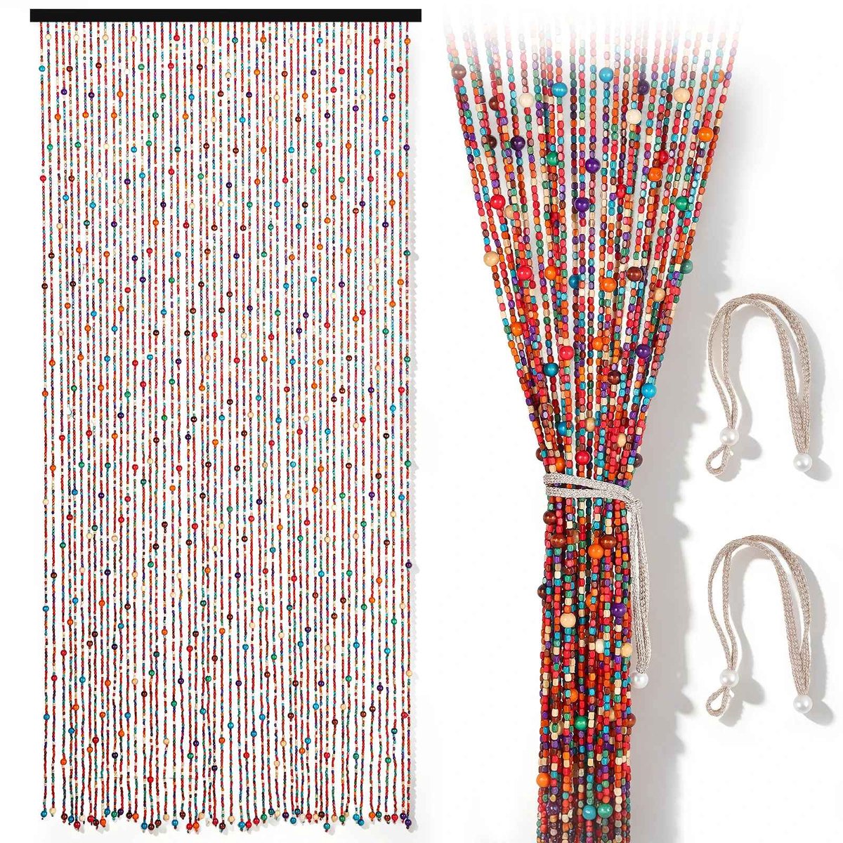 CORE Bamboe Kralengordijn - Deurgordijn met 52 Strengen - Bohemian Hanggordijn Inclusief 2 Linnen Linten - Decoratief Bamboegordijn voor Deuren, Deuropeningen, Balkons, Cafés, Woonkamers en Gangen - Eenvoudige Ophangmontage - 200x90cm - Kleurrijk