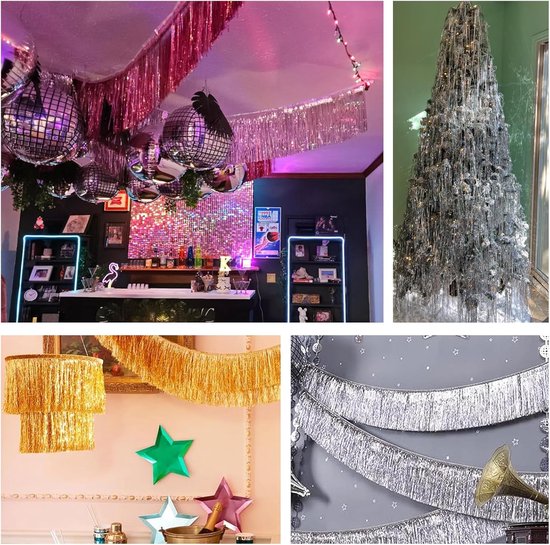 franje slinger,20 cm breed sprankelend klatergoud franje, 2 m lengte muur opknoping metallic folie franje slinger banner, glanzende streamers party achtergrond voor bruiloft verjaardag — afbeelding 3