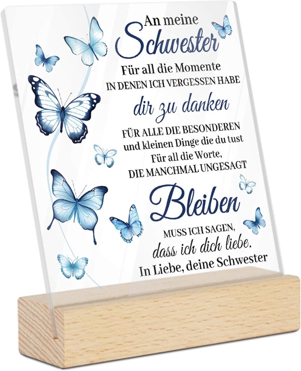 Decor Acryl decoratie met houten sokkel - An meine Schwester - Dankjewelboodschap met vlinderdesign