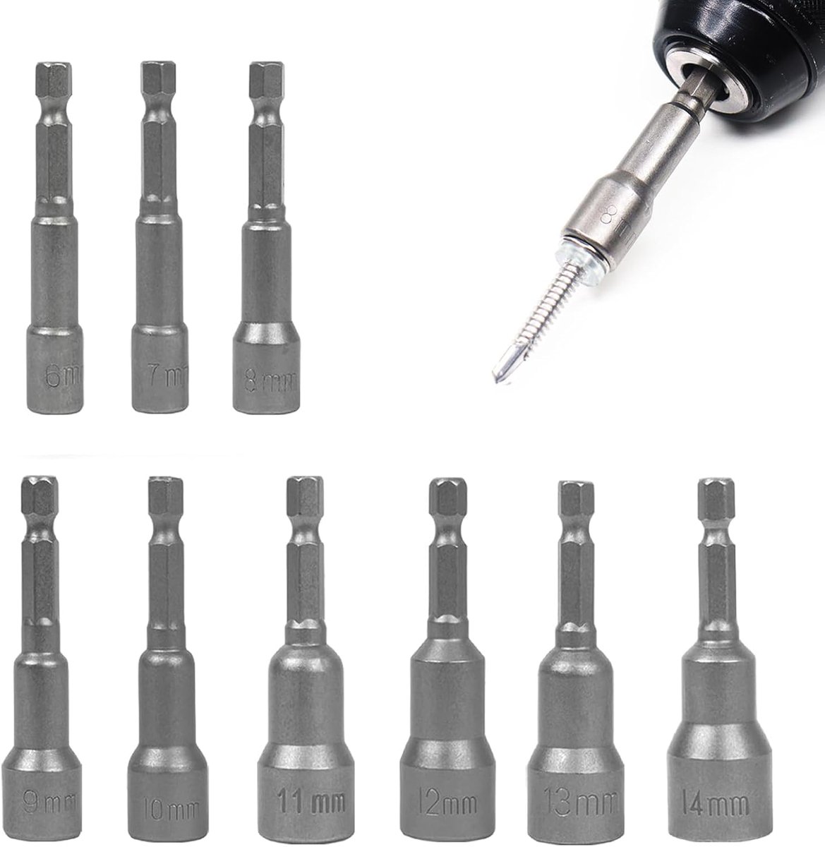9-delige 6-14 mm magnetische doppenset, dop, zeskantboor, zeskantbitset, adapter, metrische meertands doppenset, zeskantdop voor boor- of accuschroevendraaieraccessoires, 65 mm