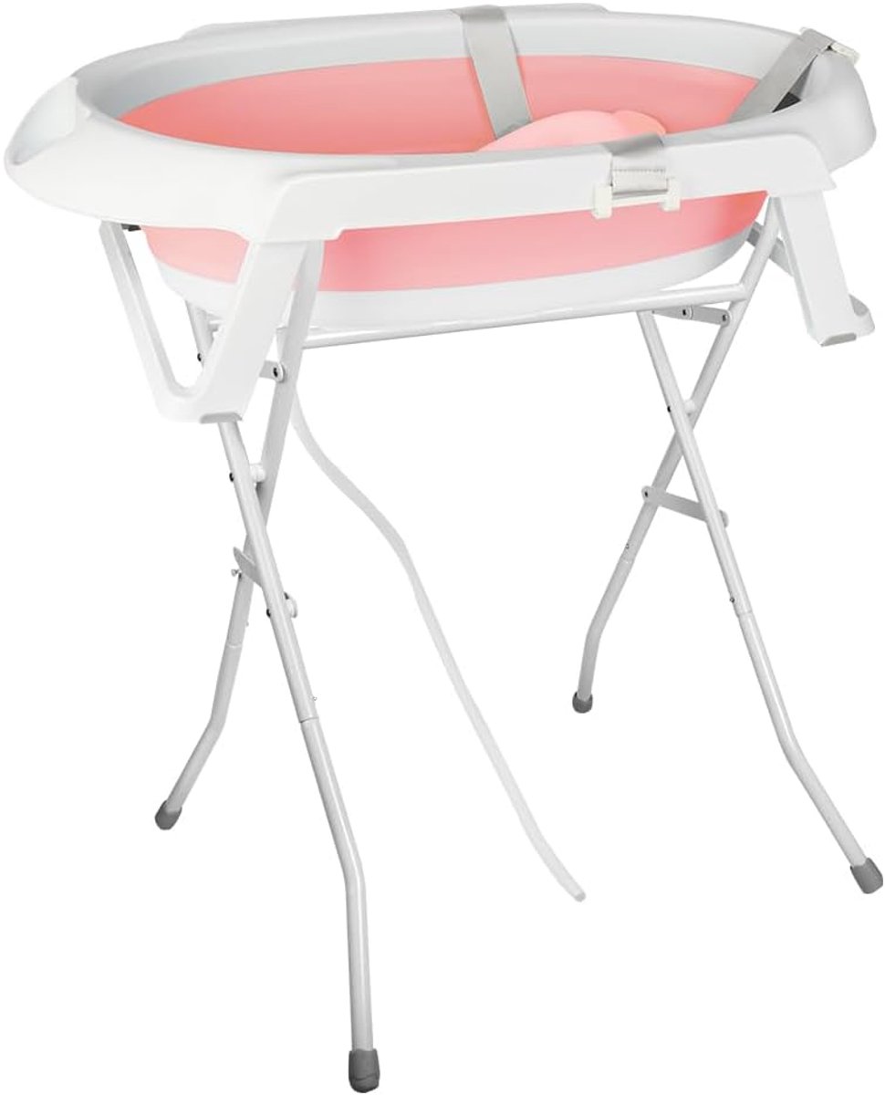 XXL babybad met standaard, kussen en drainagesysteem, 0-3 jaar, 2-in-1 babybad op voet, ruimtebesparend (roze met standaard, 66 x 61 x 82 cm)