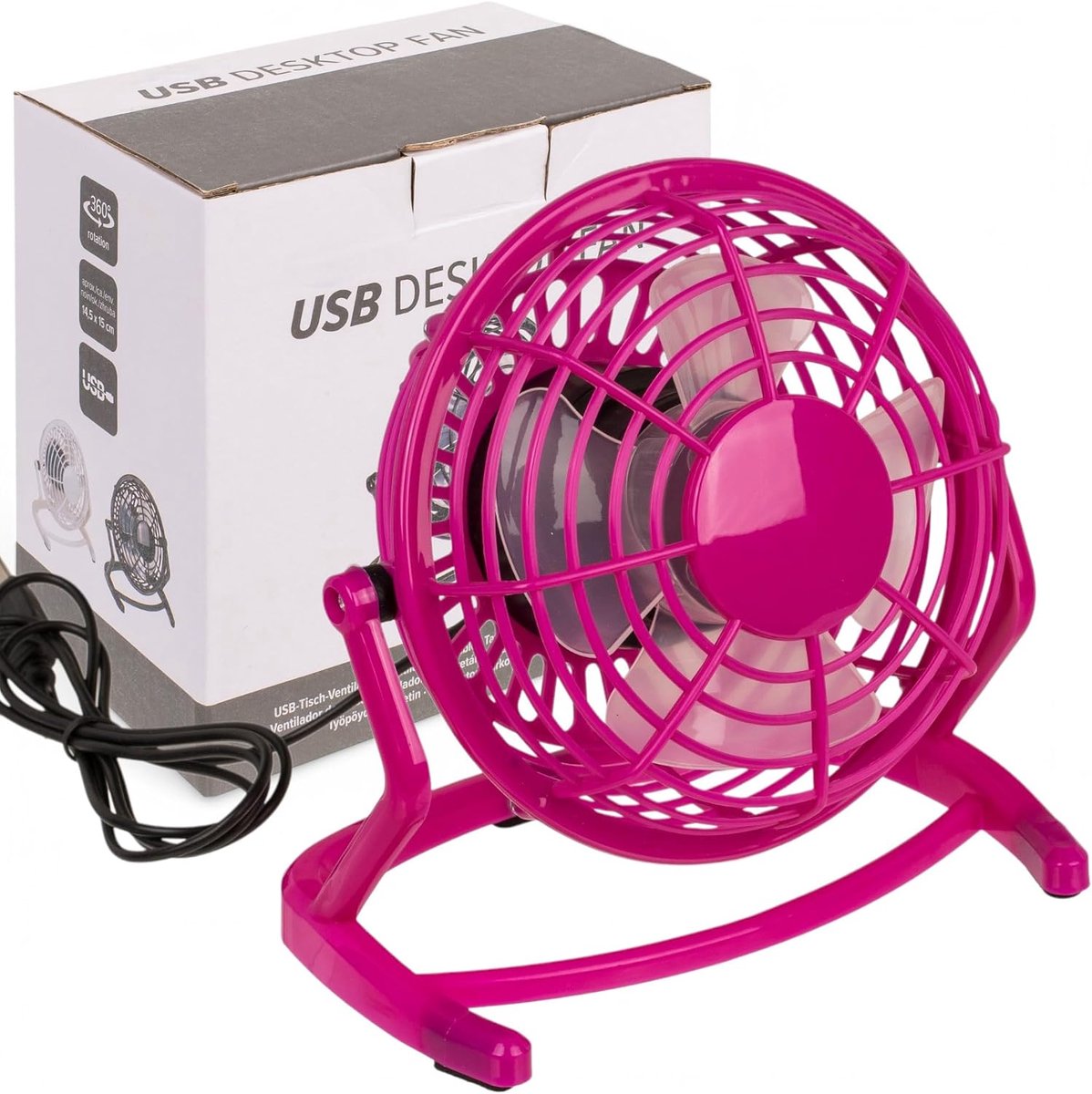 Tafelventilator met USB-aansluiting - Roze | Compacte mini-ventilator voor kantoor en thuis, geluidsarm en energiezuinig, 15 x 14,5 cm