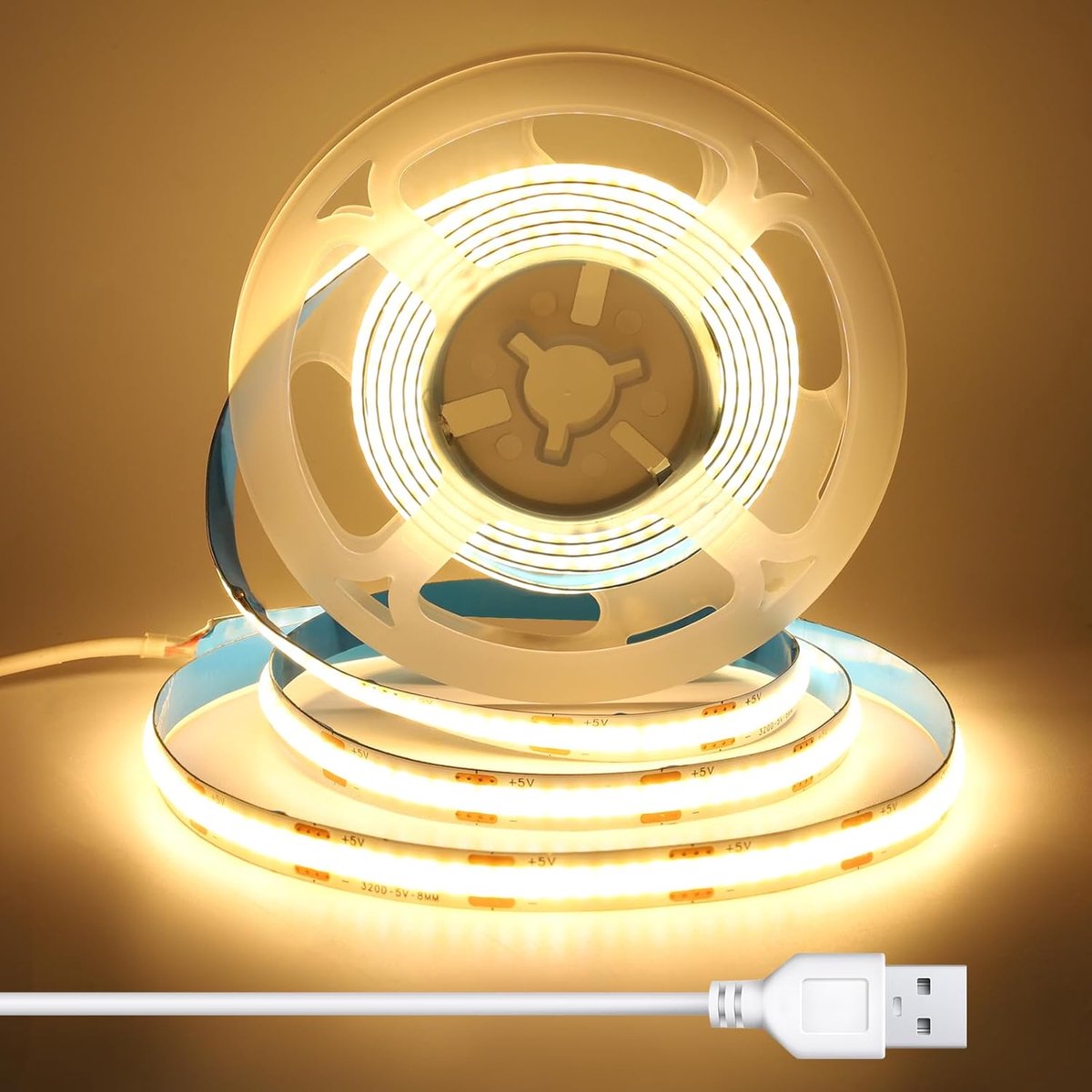 1m COB LED Strip met 1.5m USB Kabel, 8 mm Breed, CRI 92+, 5V warmwitte LED Strip voor tv achtergrondver, hoofdbordver, onderkastver, zelfklevende LED Tape voor indirecte verlichting, 3000K