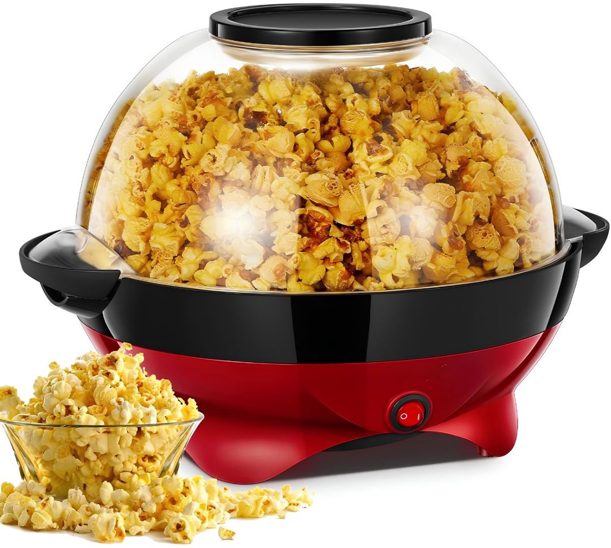 Lìon® Popcorn Machine - Popcorn Machine zonder Olie - Hetelucht Popcornmaker - Zwart/Rood - 30cm x 30cm x 18cm