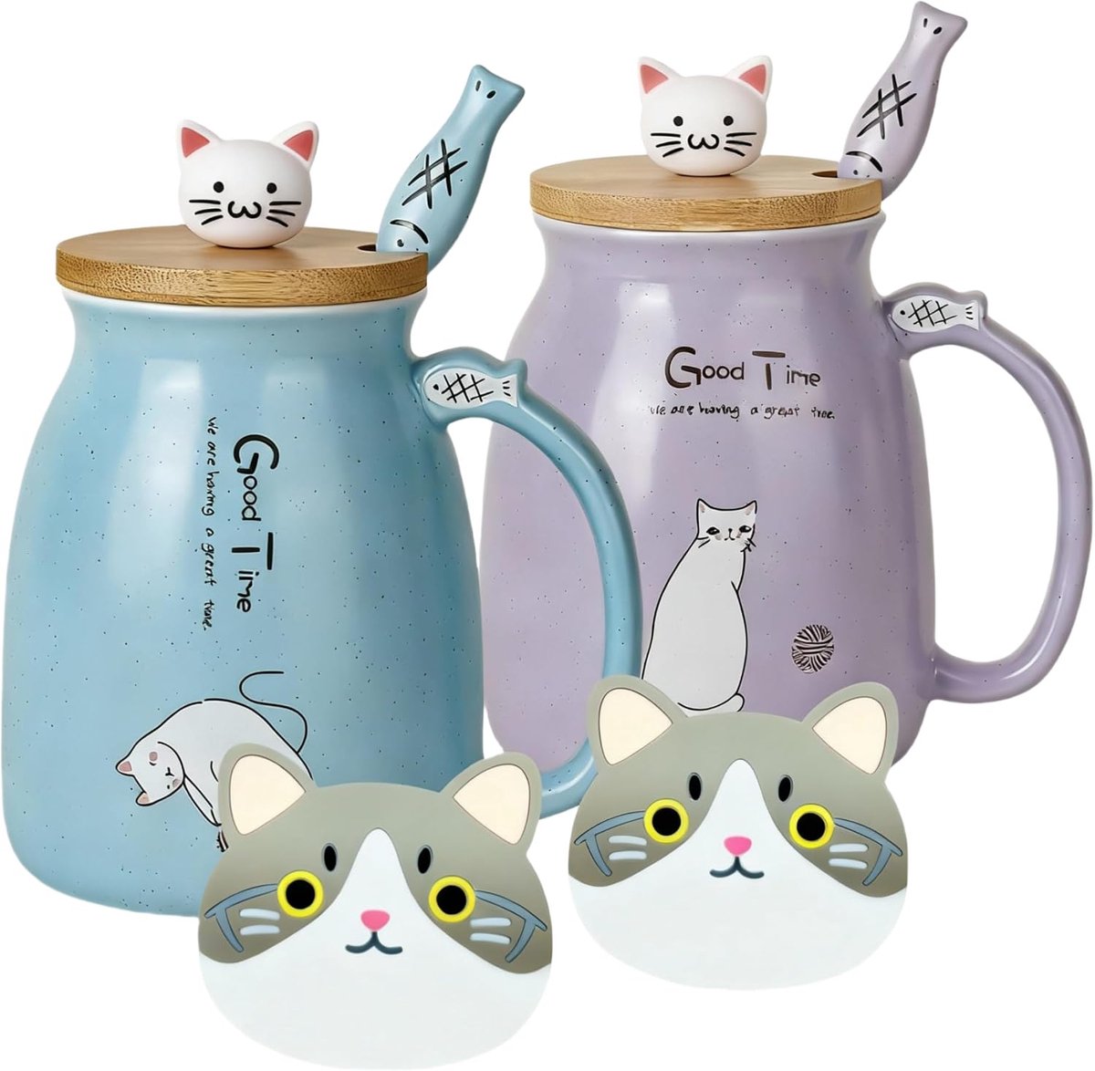 Set van 2 kattenbekers, schattige koffiekopjes van keramiek, met bamboedeksel en lepel, koffiemelk, theekop, dieren, kattenmokken voor kattenliefhebbers voor vrouwen (blauw en paars)