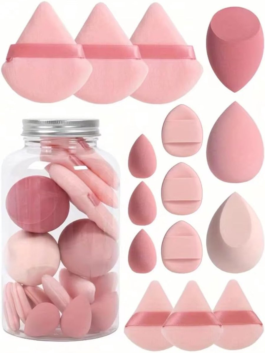 15 stuks Make-up spons Beauty Egg met opbergfles, cosmetische poederdonsjes, foundation sponsjes, make-up accessoires (roze)